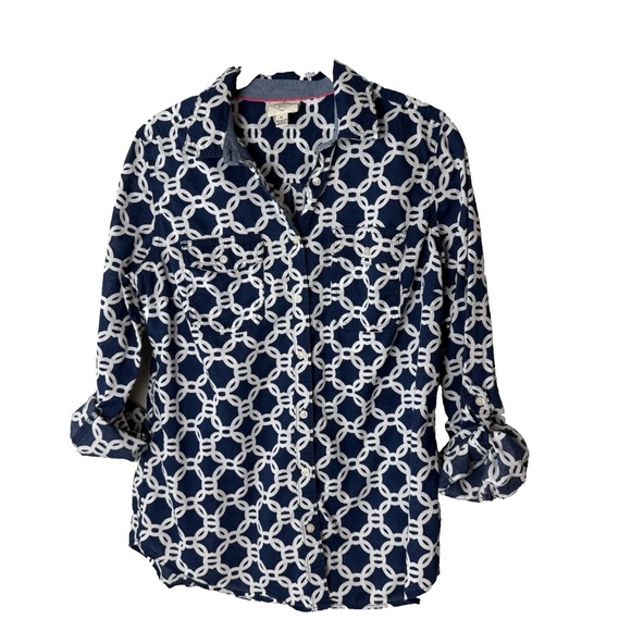 St. John's Bay Tops - St. John's Bay Shirt Size Medium Top 3/4 Roll-Tab Sleeves Cotton Blue White